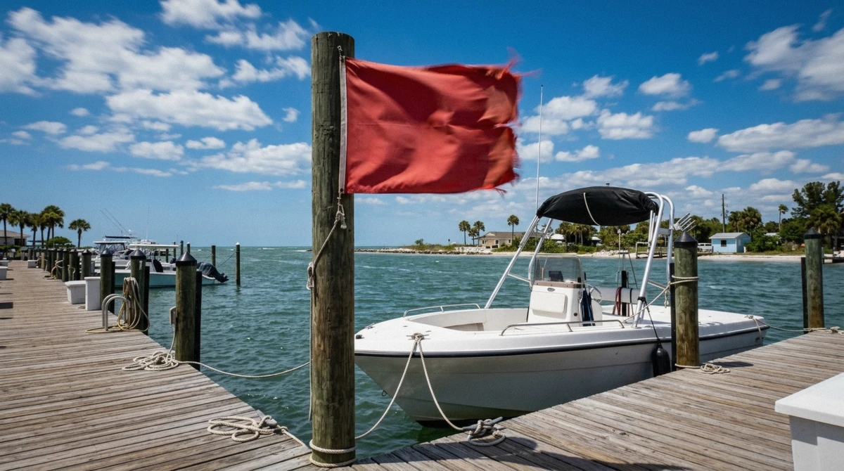 A wind-whipped flag at the Blind Pass Road marina on St. Pete Beach signaling the wind that actually cancels parasailing trips