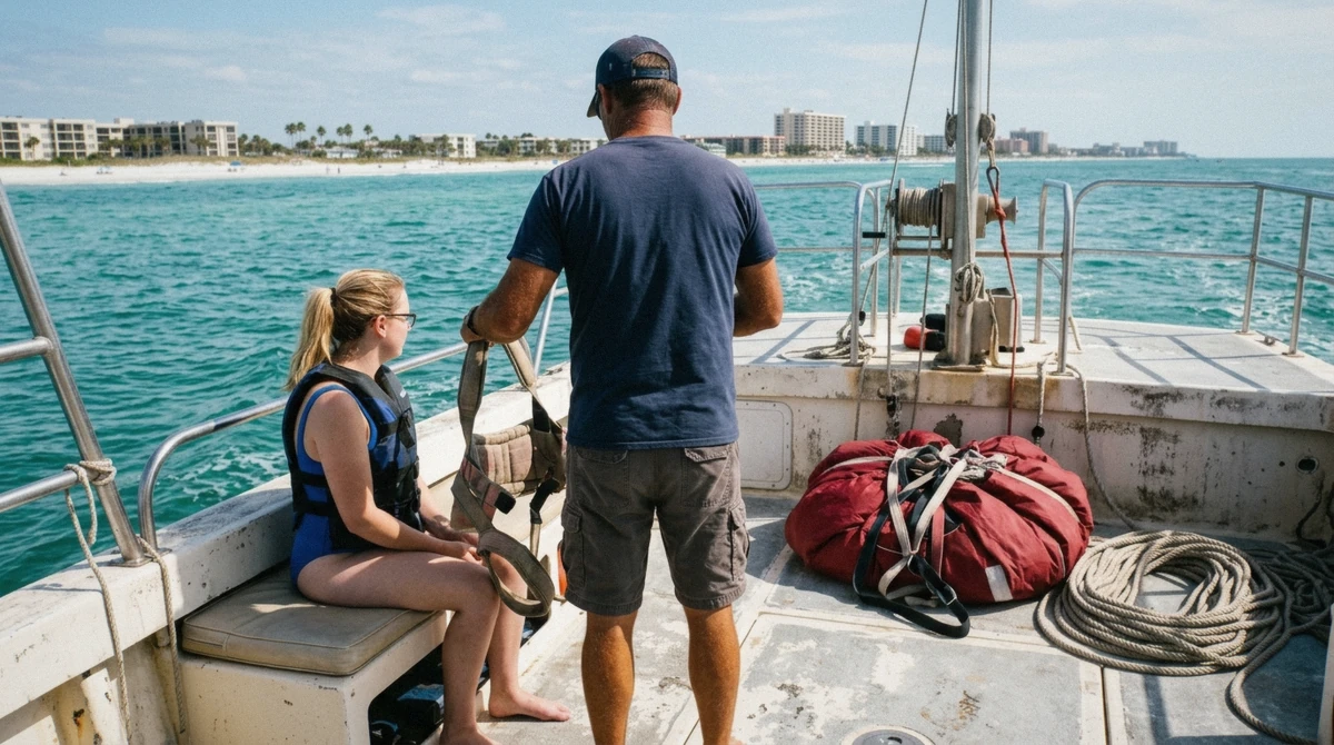 A parasail crew member handing over harness gear on the boat deck before a St. Pete Beach parasailing flight