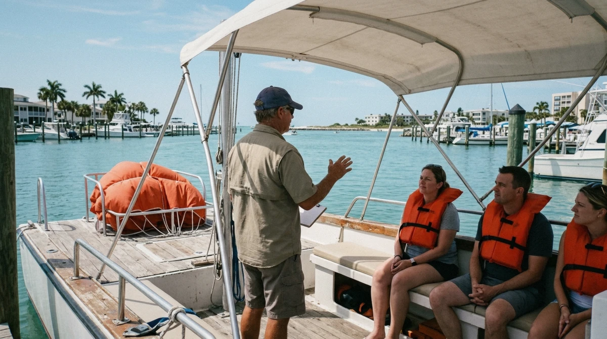 A parasail captain briefing riders on harness safety before a parasailing flight departs St. Pete Beach, Florida