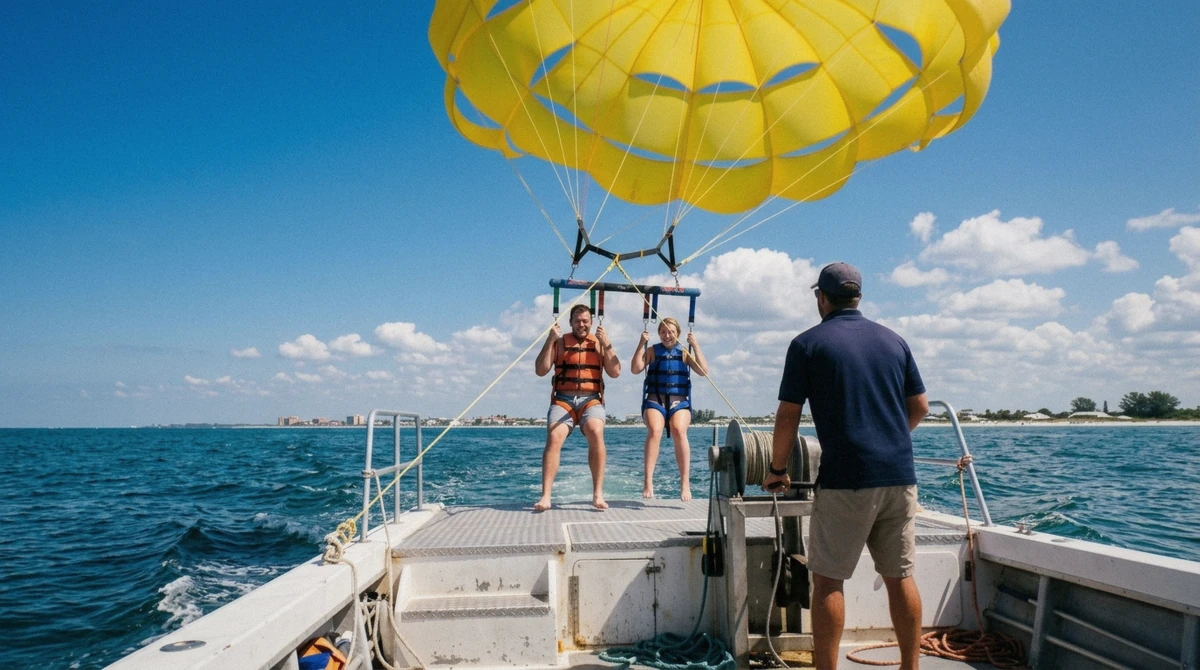 A parasail canopy lifting slowly off the boat deck at the start of a parasailing flight on St. Pete Beach, Florida